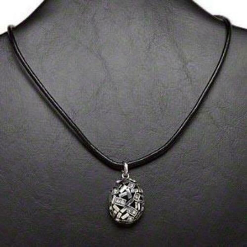Edgy Geometric Silver and Black Crystal Pendant Leather Necklace - Picture 1 of 1
